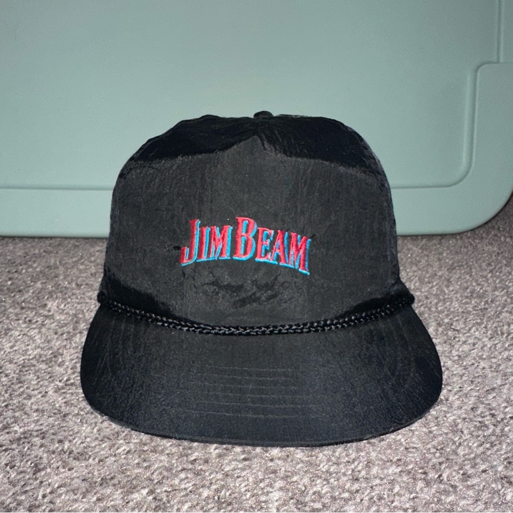 Vintage Jim Beam whiskey Nylon SATIN Snapback Hat Cap Rope 90s Retro bourbon cap
